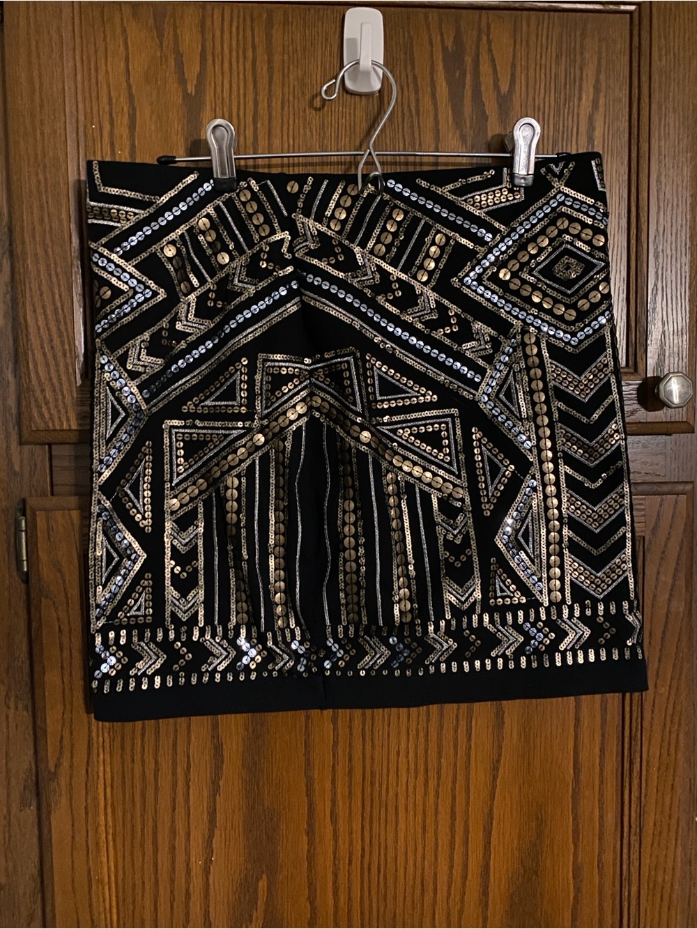 Express Black Mini Skirt with Gold and Silver Sequin Geometric Design